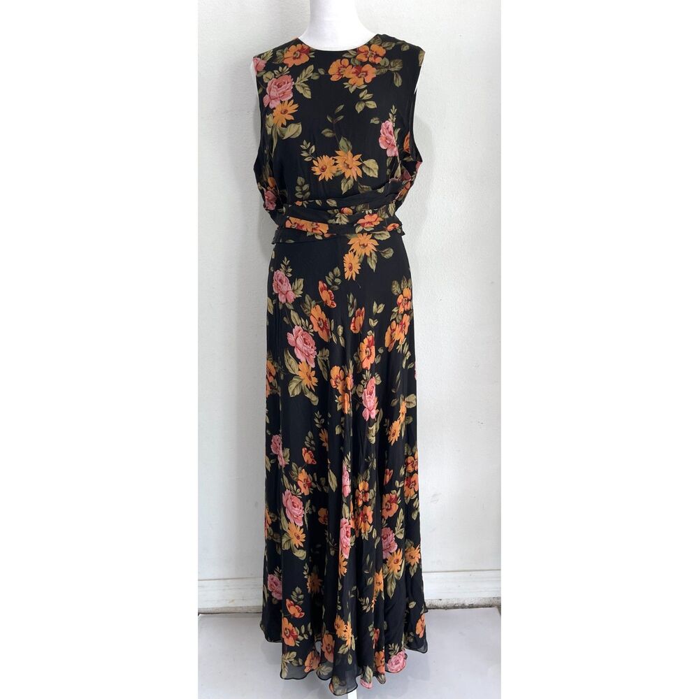 Coldwater Creek  classic maxi silk dress tie back fall floral fest women 14